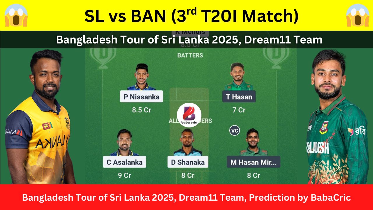 SL vs BAN Dream11 Prediction Today with Playing XI, Pitch Report, Player Stats & Overall Stats